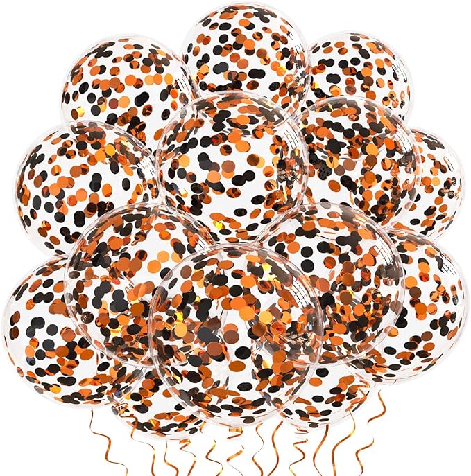 Orange Black Confetti Balloons 25 Pcs, 12 Inch Thickened Clear Latex Balloon with Confetti Inside for Halloween Party Decorations Birthday Baby Shower Bridal Shower Decoration Supplies