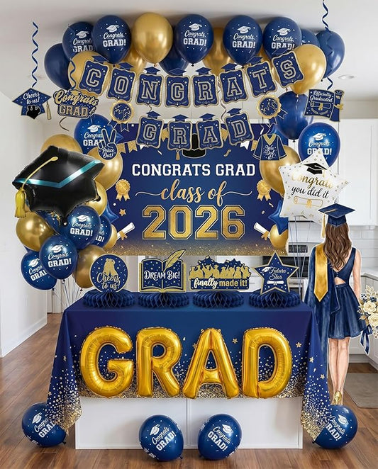 Class of 2026 Graduation Party Decorations - Navy Blue & Gold Set: GRAD Foil Balloon , Backdrop Banner, Honeycomb Centerpieces, Hanging Swirls & Mylar Letters - Complete 2026 Grad Prom Supplies