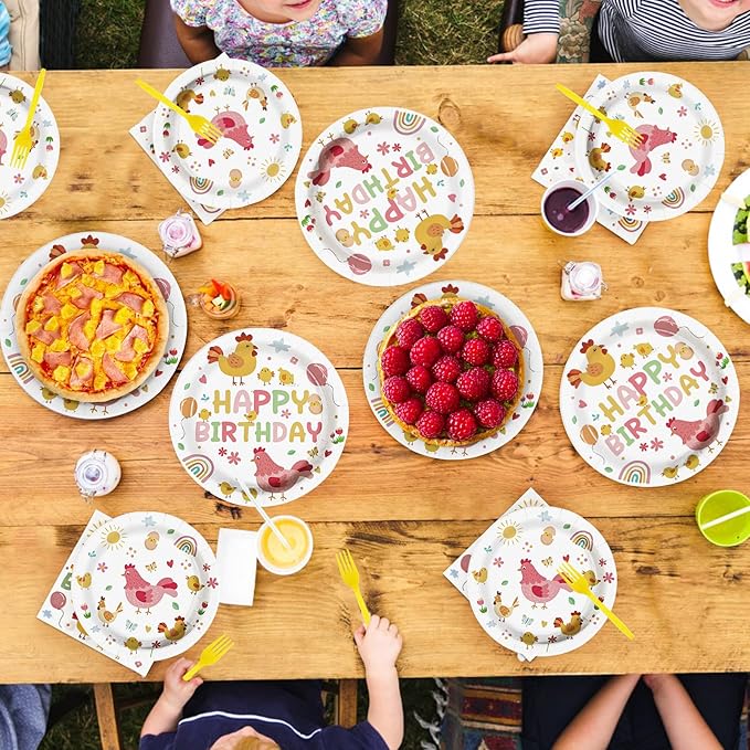 Grencian Chicken Birthday Party Decorations - 96Pcs Little Chick Birthday Plates and Napkins Farm Animal Barnyard Baby Shower Disposable Tableware for Kids Boys Girls Chicken Themed Party Decorations