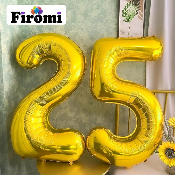 FIROMI 25 Number Balloons Gold Big Giant Jumbo Huge Foil Mylar 25 Balloon Numbers for 25th Birthday Party Anniversary Events Decorations 40-inches