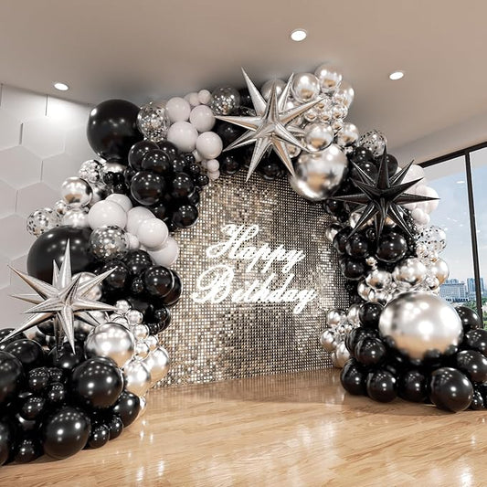 Black and Silver White Balloon Arch Kit, 140Pcs Explosion Star Black and Silver White Balloon 22 18 12 10 5 Inch Different Size Balloons for Birthday Anniversary New Years Party Decorations