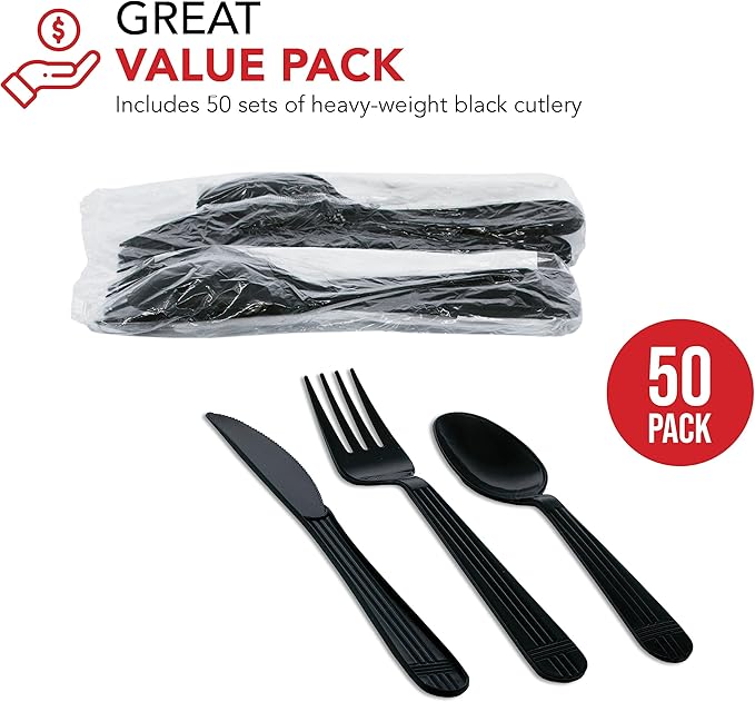 Party Essentials Individually Wrapped Heavy Duty Plastic Utensil Kits, 50 Sets for Party Catering, Fork/Spoon/Knife, Black