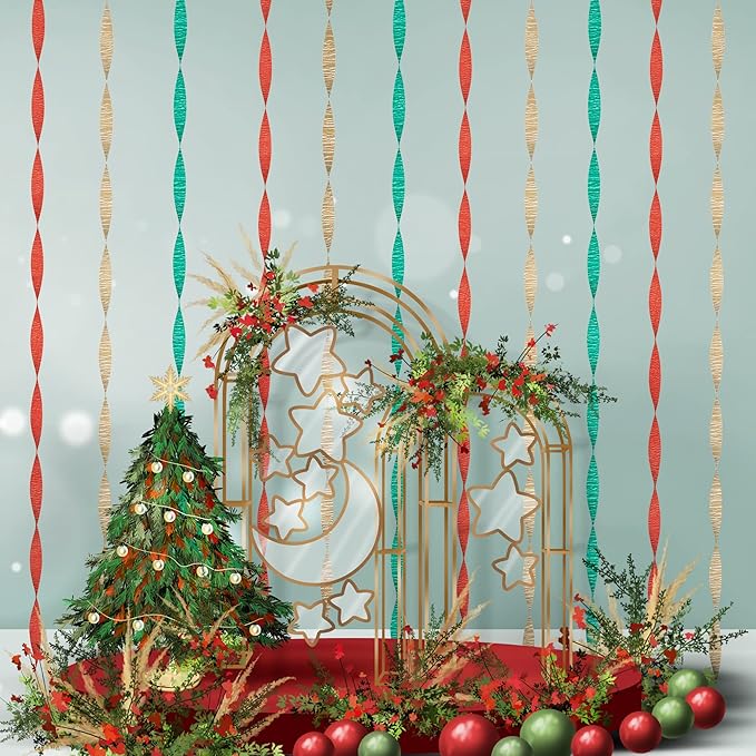 Red and Green Streamers, 8 Rolls 656 Ft Hanging Party Streamers Kit, Red Green Gold White Crepe Paper for Christmas New Year Festival Theme Party Decoration, 1.8 Inch x 82 Ft/Roll