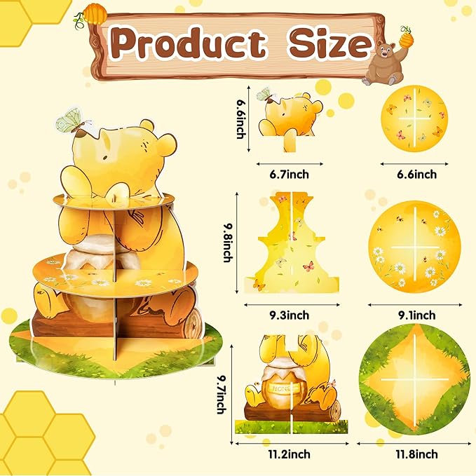 Winnie Themed Cupcake Stand - 3 Tier Winnie Party Dessert Holder Bear Theme Cardboard Cake Stand for Birthday Party Decorations Bear Cupcake Display for Boys Girls Baby Shower Party Supplies