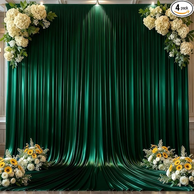 Hunter Green Satin Backdrop Curtains for Parties, 4 Panels 5FTx12FT Wrinkle Free Glitter Background Photo Backdrop Drapes for Wedding Birthday Photography Back Drop Cloth Holiday Festival Decor