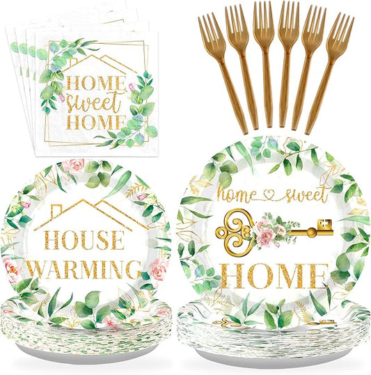 Grencian 96Pcs House Warming Party Decorations Housewarming Plates and Napkins Disposable Green Leaves Pink Floral Home Sweet Home Paper Tableware Set for New House Wedding Party Supplies, Serves 24