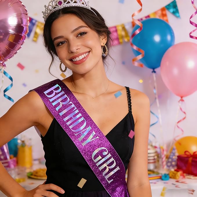 Birthday Sash for Girl, Dazzle Foil Letter Glitter Purple Birthday Sash for Women Girl Kids Teenager Bday Gifts Party Favors Photo Prop