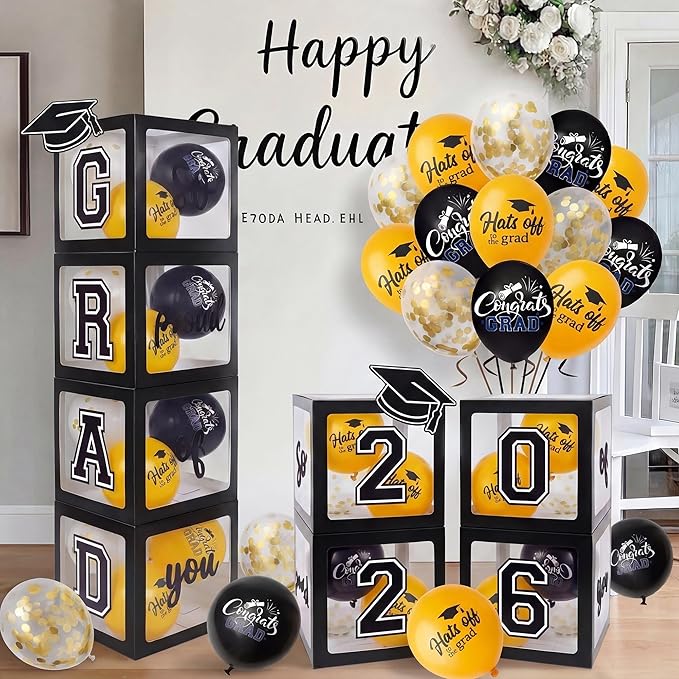 2026 Graduation Decorations 4 Grad Balloon Boxes with Letters 2026 Grad & So Proud of You and 18pcs Balloons Graduation Party Decorations (Black)