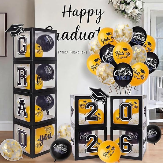 2026 Graduation Decorations 4 Grad Balloon Boxes with Letters 2026 Grad & So Proud of You and 18pcs Balloons Graduation Party Decorations (Black)