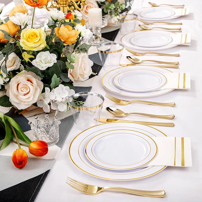 NOCCUR 700PCS Gold Plastic Plates - Gold Disposable Dinnerware Set for 100 - Include 200 Dinner/Dessert Plates, 300 Cutlery, 100 Cups, 100 Napkins, Idea for Wedding/Party/New Year