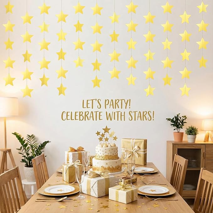 Metallic Gold Iridescent-Star-Garland 90FT – 240 Pcs Sparkling Star Streamers – Hanging Glitter Star Banner Backdrop for Birthday, Baby Shower, Wedding, Christmas Party Decorations (6 Packs)