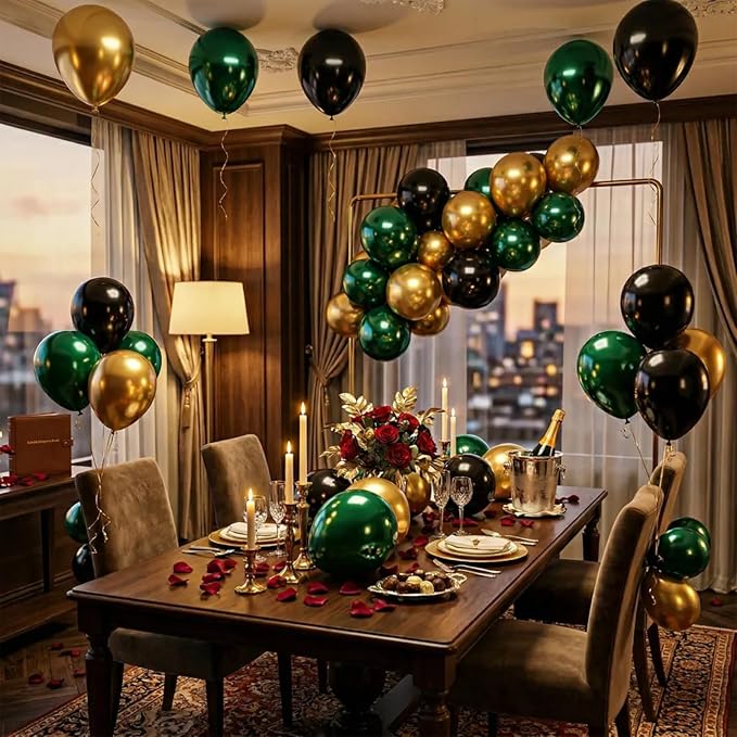 Hiquaty Green and Gold Balloons,60pcs Dark Green Balloons,12 inch Gold Balloons and Black Balloons with Gold Ribbon for St. Patrick's Day Party Wedding Bridal Shower Decorations