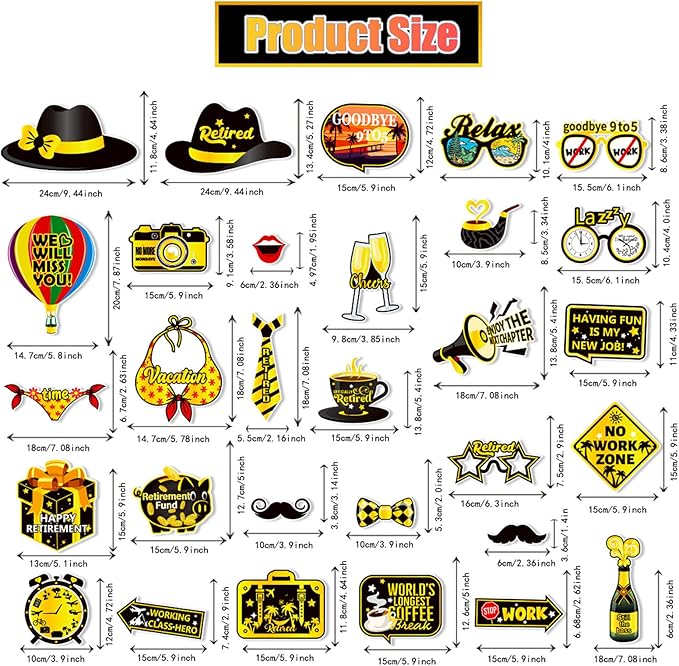 30 Pieces Retirement Photo Booth Props Happy Retirement Party Decorations Retirement Party Favors for Men Women Photobooth Kits with Sign for Party Decor Supplies (Dark Black&Yellow)