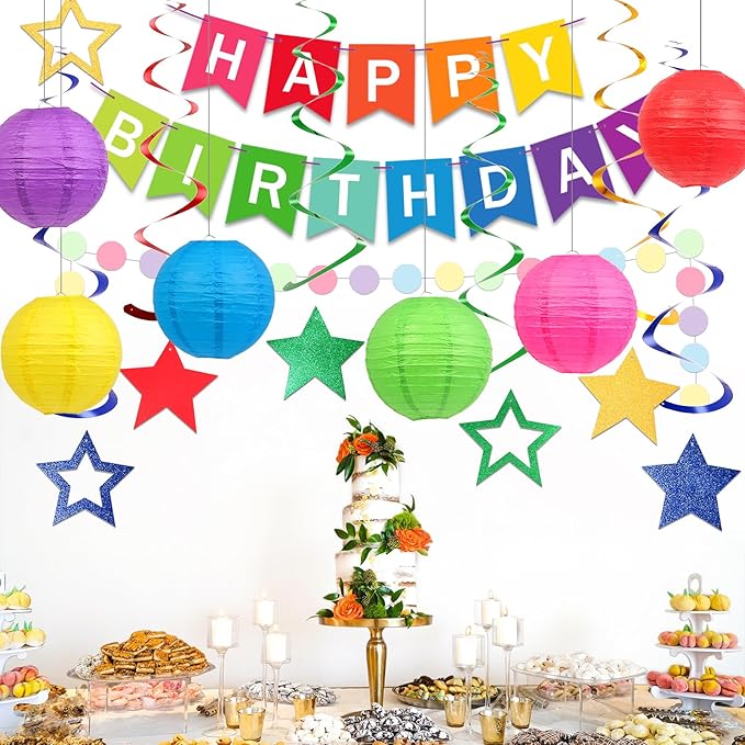Happy Birthday Decorations, Colorful Birthday Party Decorations Set with Happy Birthday Banner, Paper Lanterns, Star Swirl Hanging Decorations & Circle Dots Garland