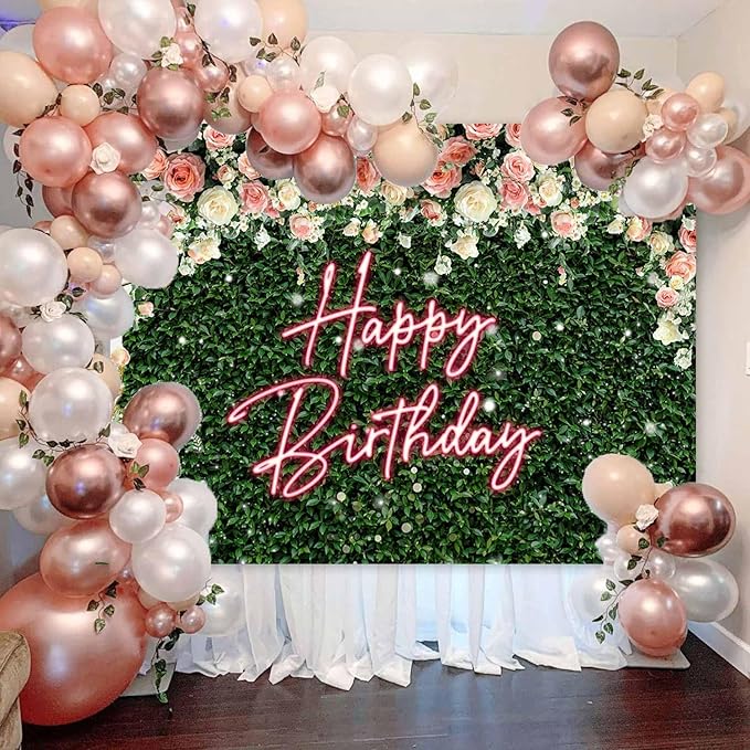 Sensfun Green Leaves Happy Birthday Backdrop for Women Greenery Grass Pink Neon Flower Wall Birthday Party Decorations Girls Rose Floral Blossom Bday Photography Background Photo Studio Shoot 6x4ft