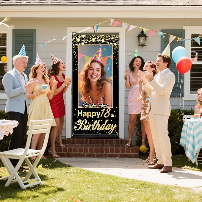 Personalized Happy Birthday Door Banner with Photo Custom Name Birthday Decorations Party Supplies for Women Men (Black and Gold)