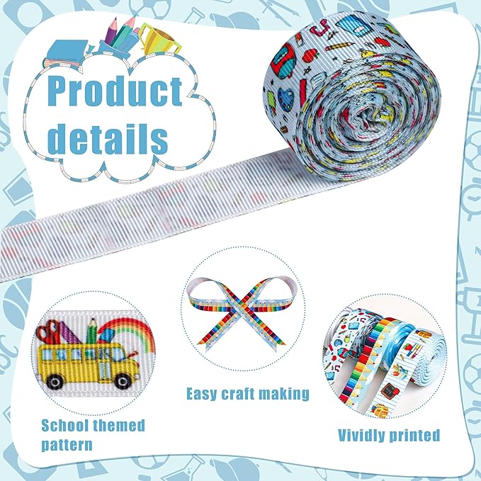 School Theme Ribbon Teacher Grosgrain Ribbons Decorative School Craft Ribbon for Back to School DIY Crafts Teacher Appreciation Gifts Wrapping 3/8, 4/5 Inch, 10 Rolls 50 Yards in Total