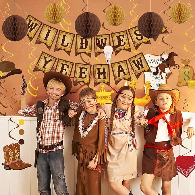 Western Party Decorations Pre-Strung Wild West Yee Haw Banner West Cowboy Hanging Swirls Honeycomb Balls Circle Dots Garland Ceiling Streamers for boys Western Cowboy Themed Birthday Party Decor