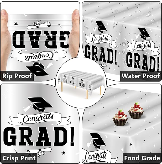2 Pcs 2026 Graduation Table Decorations, 108" X 54" Silver Graduation Table Cloths, Rectangle TableCloth for Grad Party Supplies, Disposable Plastic Tablecover for Class 2026 Congrats Grad for Kids