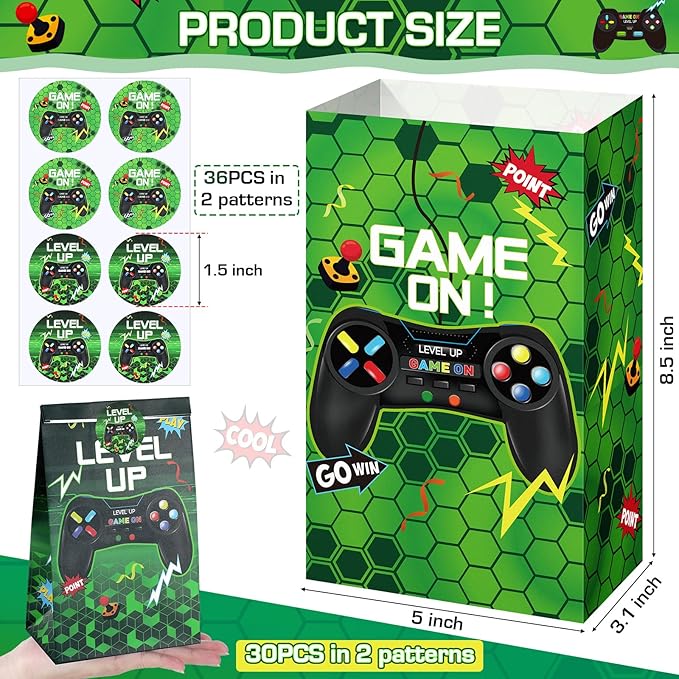 Geosar 30 Pack Video Game Party Favor Paper Bags Game on Goodie Candy Gift Bags with 30 Stickers Level up Reusable Goodie Treat Snacks Supplies for Boys Kids Gaming Birthday Party(Green)
