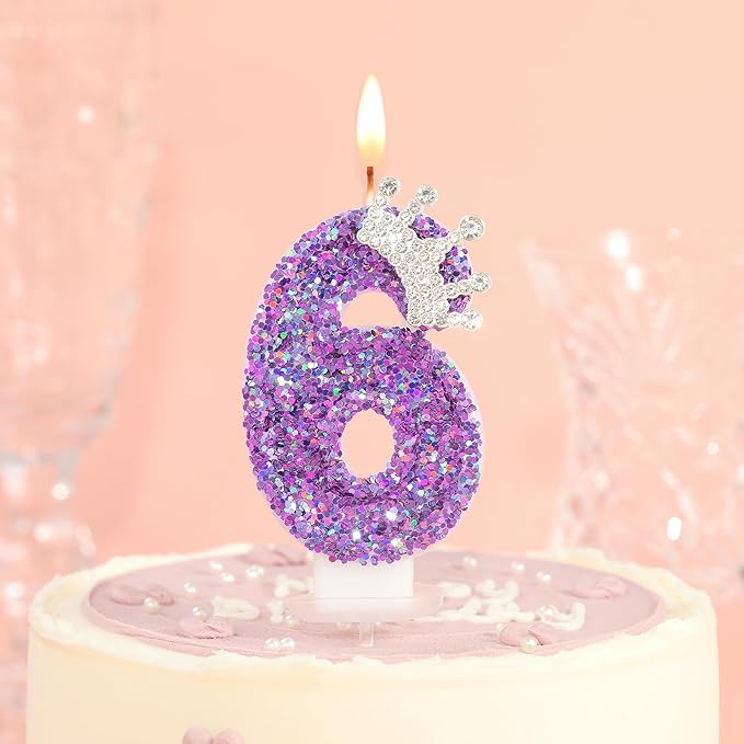 Birthday Number Candles,Purple Crown Birthday Candles for Cake,Glitter Number 6 Candle Cake Topper with Sequins for Anniversary Celebrations Supplies