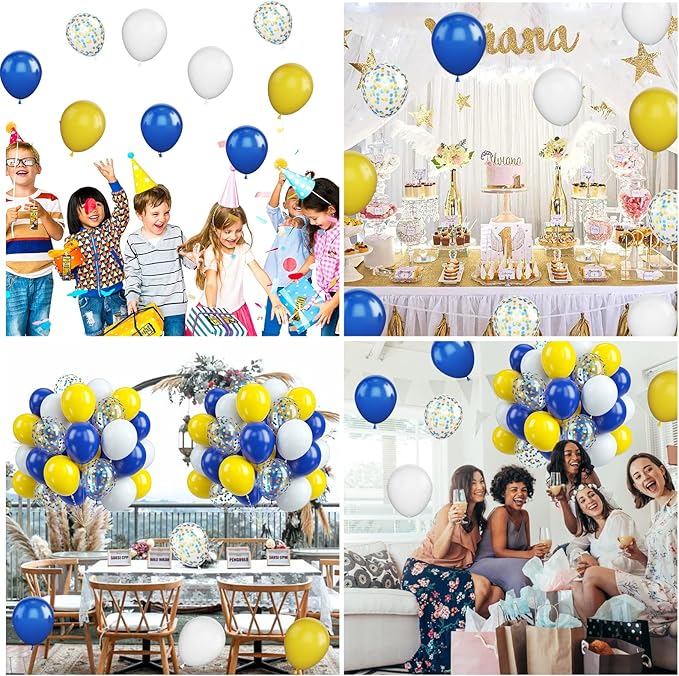 Biapian Yellow Blue Balloons, 60PCS Blue Yellow White Balloons, 12 Inch Blue Gold Confetti Balloons Dark Blue Latex Balloon Helium for Birthday Wedding Graduation Baby Shower Soccer Party Decoration