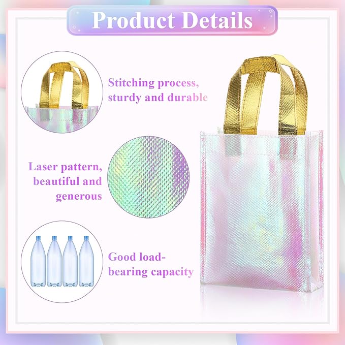 Xosjska 20 Pieces Iridescent Gift Bags Bulk Glossy Reusable Grocery Bag Holographic Gift Bags Pink Non Woven Tote Bag with Handles for Shopping Birthday Party Wedding(6 x 3 x 8 Inch, Pink)