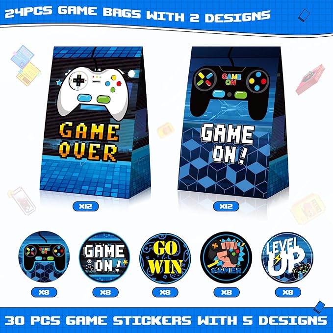 Pajean 24 Pcs Game Gift Bag Video Game Party Supplies Gamer Party Favor Gaming Theme Goodie Candy Treat Bags with 30 Pcs Stickers for Themed Birthday Decorations