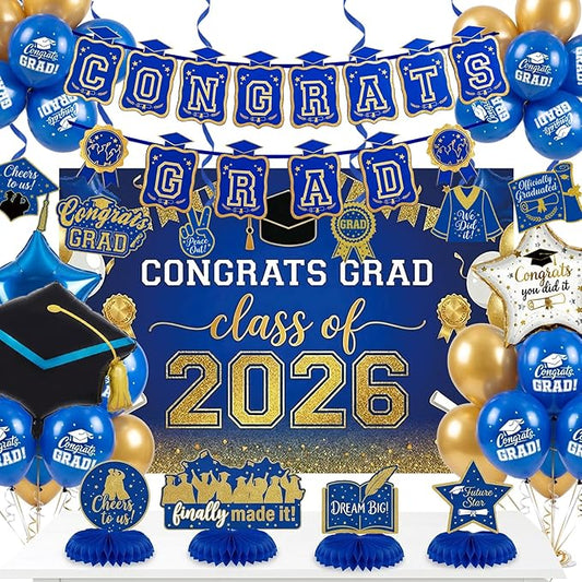2026 Graduation Decorations Royal Blue and Gold - Congrats Grad Banner Backdrop, Hanging Swirls, Honeycomb Centerpieces & Balloons - Class of 2026 Party Supplies Set