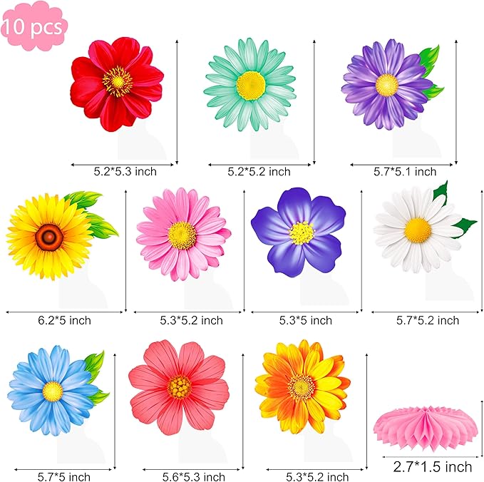10pcs Summer Flower Honeycomb Centerpieces Multicolor Sunflower Daisy Table Decorations Floral Centerpiece Decor for Spring Summer Baby Shower Birthday Party Supplies