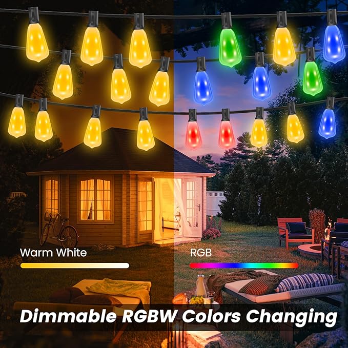Auroraworld 60FT Outdoor String Lights with 30 LED Bulbs. Dimmable, RGB Color-Changing Patio Lights Feature Remote Control, Shatterproof & Waterproof Perfect for Yards, gazebos, Parties, Weddings