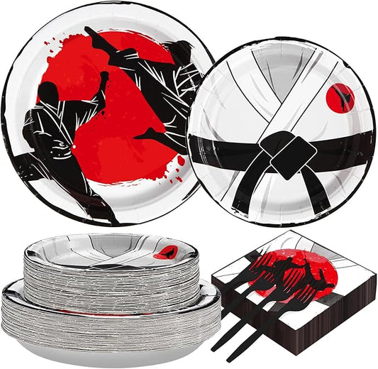 Grencian 200Pcs Karate Party Supplies Disposable Karate Themed Plates and Napkins Tableware Set Karate Birthday Party Decorations for Boys Ninja Birthday Party Decorations Martial Arts Favors Serves50