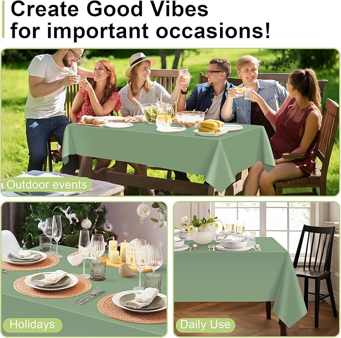QIKSION Sage Green Plastic Table Cloth Disposable 3 Pack, 54 x 108 Inch Tablecloths for Baby Shower Birthday Bridal Wedding Party Decorations, Rectangle Table Cover