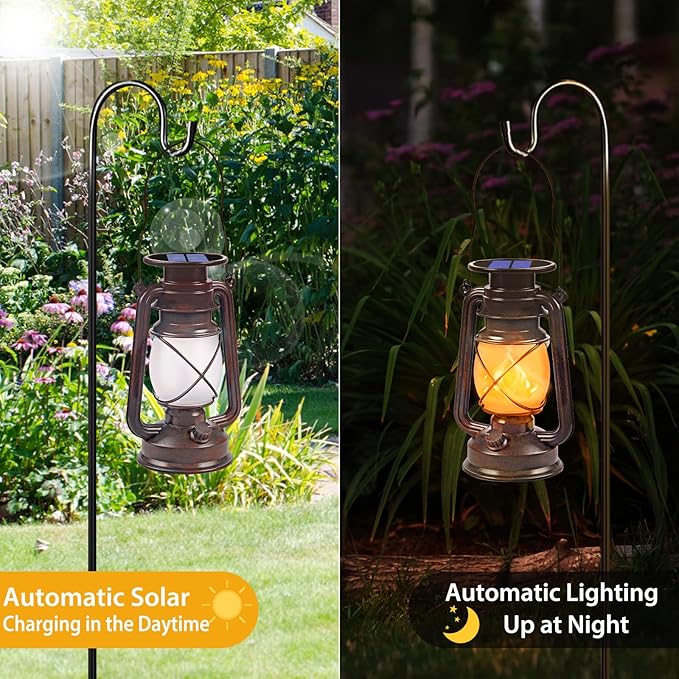 Wondrastical Solar Lanterns Outdoor Waterproof, 2 Pack Flickering Flame LED Hanging Lantern, Bronze Vintage Solar Powered Decorative Lights for Patio Porch Garden Yard Pathway Camping