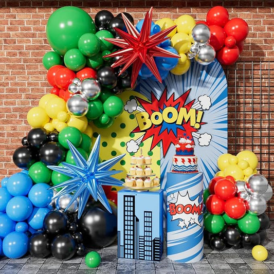 Red Blue Yellow Green Black Balloons Garland Arch Kit - 5 10 12 18 inch Different Size Balloons for Carnival Birthday Anniversary Video Game Super Spider Hero Theme Party Decorations Supplies