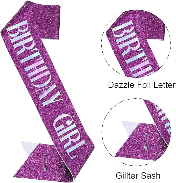 Birthday Sash for Girl, Dazzle Foil Letter Glitter Purple Birthday Sash for Women Girl Kids Teenager Bday Gifts Party Favors Photo Prop