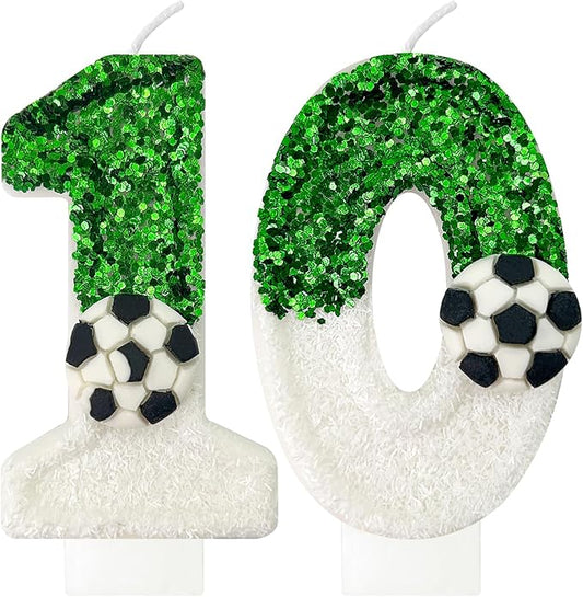 Birthday Candles，Soccer Birthday Decorations，Soccer Cake Topper,for Girl and boy Cake Toppers, Wedding Cakes, Anniversaries, Party Celebrations, Birthday Decorations (Green White, Number 10)