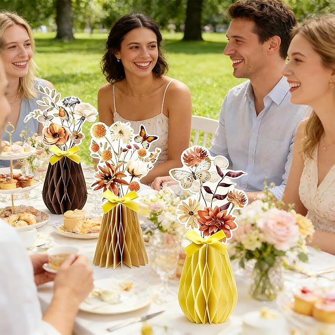 SUNBEAUTY Boho Flower Table Decoration 9Pcs Brown Floral Honeycomb Centerpieces Natural Party Decorations Paper Flower Table Decor for Home Rustic Wedding Baby Shower Neutral Birthday Party Supplies