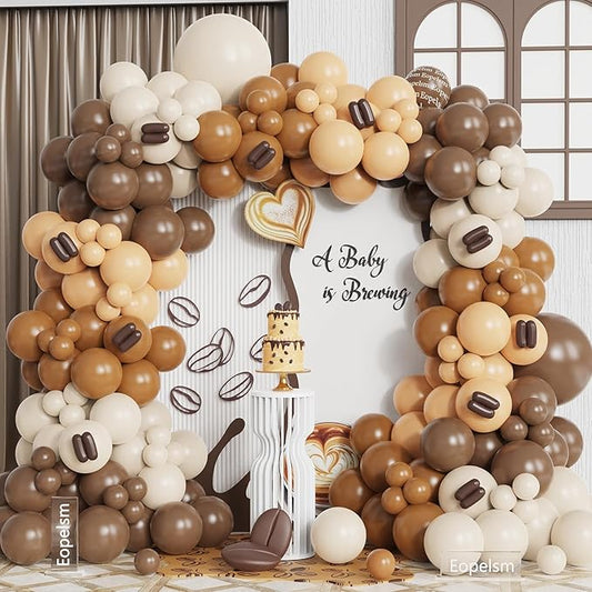 A Baby is Brewing Baby Shower Decorations 187Pcs Coffee Brown Sand White Balloons with Chocolate Long Balloons for Boho Gender Reveal Pregnancy Bridal Shower Birthday Party Supplies