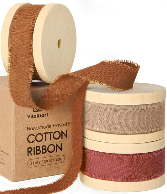 Vitalizart Fall Ribbon Cotton Handmade Fringe 5/8" x 21 Yd Terracotta & Khaki Pure Natural Cotton Ribbons for Gift Wrapping Wedding Invites Bridal Shower Bouquets Holiday Decor