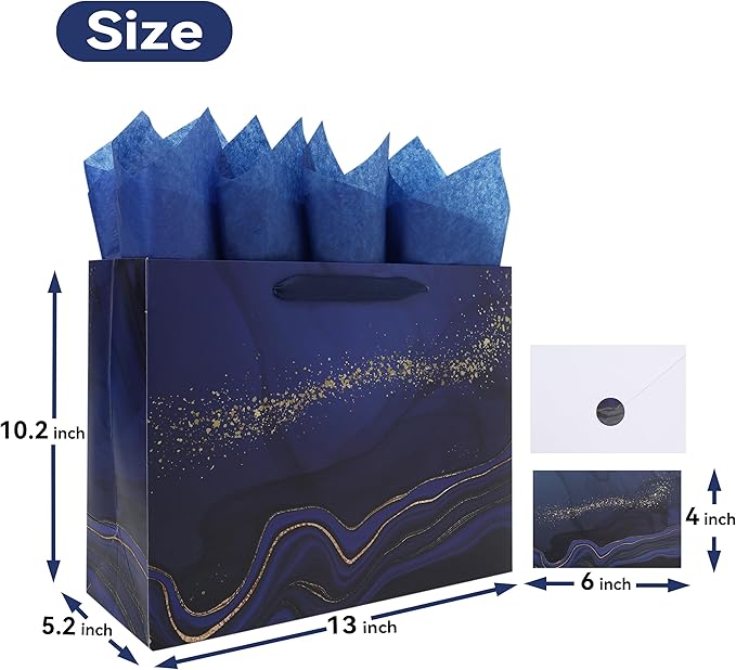 13'' Large Blue Marble Gift Bag Set with Handles, Greeting Card, Tissue Papers and Stickers for Men Boys Kids for Birthdays, Fathers Day, Graduations, Christmas, Baby Showers, Marble Design, 1 Pcs
