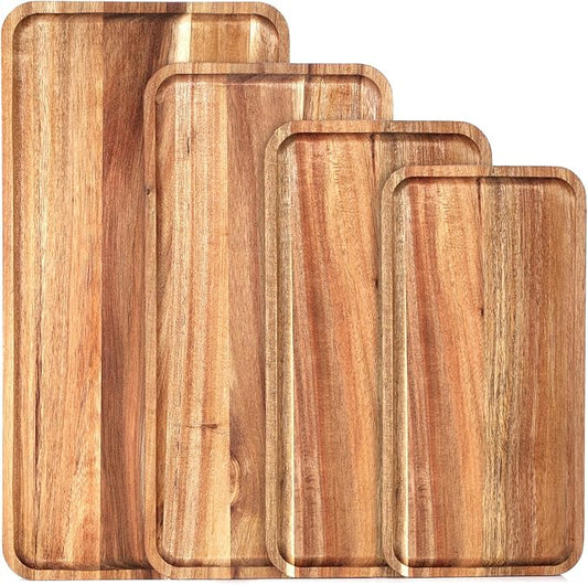 Leinuosen 4 Set Acacia Wooden Serving Platter Solid Wood Serving Trays Rectangular Charcuterie Boards Steak Wooden Plates for Entertaining Party Display Cheese Appetizer (10x5/12x6/14x7/16x8 in)