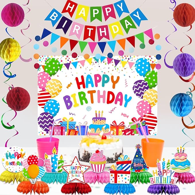 Colorful Happy Birthday Party Decoration Set – Rainbow Banner, Hanging Swirls, Honeycomb Balls, Backdrop & Table Centerpieces for Fun Birthday Celebrations