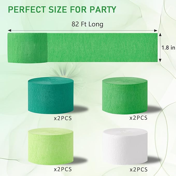 Green Streamers Party Decorations, 8 Rolls 656ft Green and White Crepe Paper Streamers for St. Patrick's Day Decorations Jungle Decorations Birthday Spring Forest Baby Shower Wedding Party Supplies