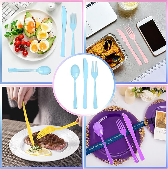 300 Pack Pastel Pink Blue Purple Yellow Disposable Plastic Silverware Heavy Duty, Plastic Cutlery Set, Forks and Spoons Knives Set for Easter Birthday Party Prom Night, Weddings, (Macaron Colors)