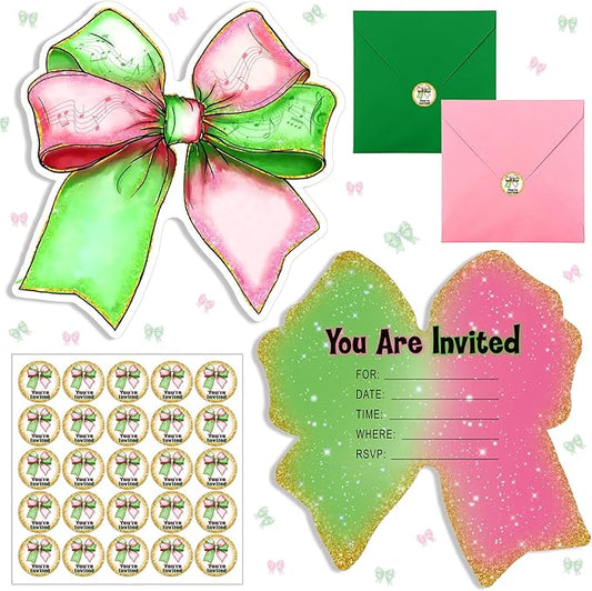 Marspark 25 Set Witch Theme Party Favors Green and Pink Bow Invitations with Stickers Envelope Witch Birthday Party Decorations Wizard Magical Theme Holiday Supplies, 5 x 6 Inch