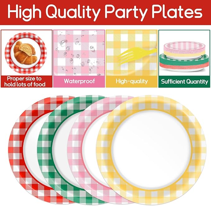 96 Pcs Camp Checkered Paper Plates and Napkins Plaid Checkered Bachelorette Party Supplies Glamping Birthday Tableware Set Spring Summer Plaid Camping Themed Party Favors Baby Bridal Shower