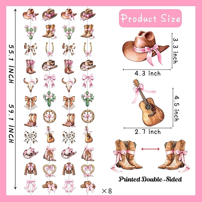 Cowgirl Coquette Garlands 8PCS Western Disco Cowgirls Hanging Decorations Cowgirl Hat and Boots Paper Garland Banner Cactus Pink Bow Decor for Girls Bachelorette Bridal Shower Supplies