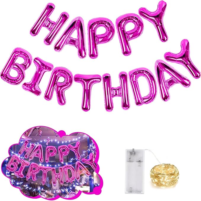 CANREVEL Happy Birthday Banner 13pcs 16 Inch Mylar Foil Letters Sign Balloons with LED Lights Birthday Party Decorations for Kids and Adults - 3D Hot Pink