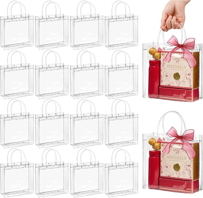 Jutieuo 24 PCS Clear Gift Bags with Handles, 7.9 x 7.9 x 3.2 Inches Reusable Plastic Goodie Bag Transparent Party Favor Bags Bulk for Weddings Birthdays Events, Classrooms & Celebrations